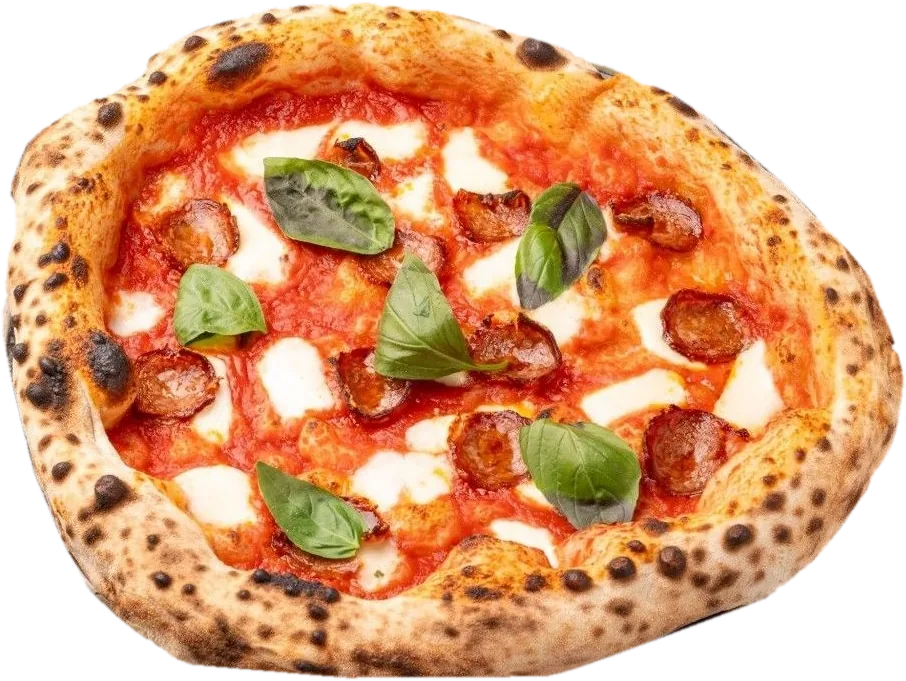 Pizza Diavola z pikantnym salami, mozzarellą i bazylią, z wysokim, przypieczonym brzegiem — pizza neapolitańska contemporanea, Bottegas Warszawa