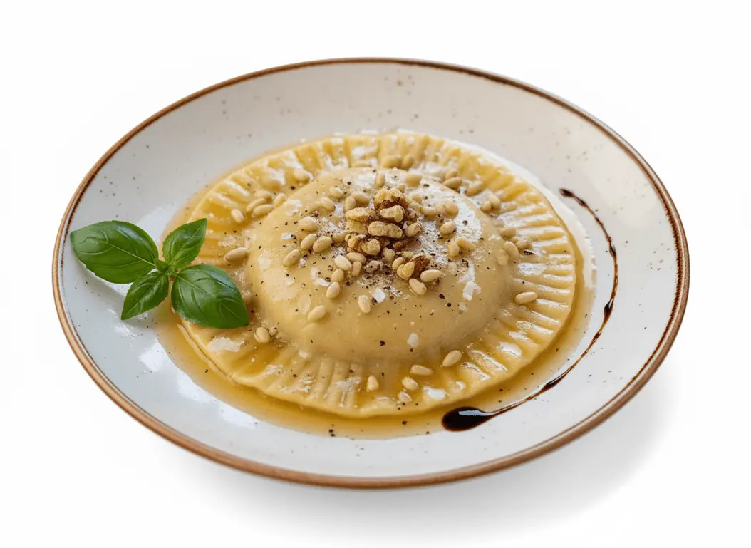 Ravioloni z ricottą i cytryną, brązowe masło i orzeszki piniowe — Bottegas