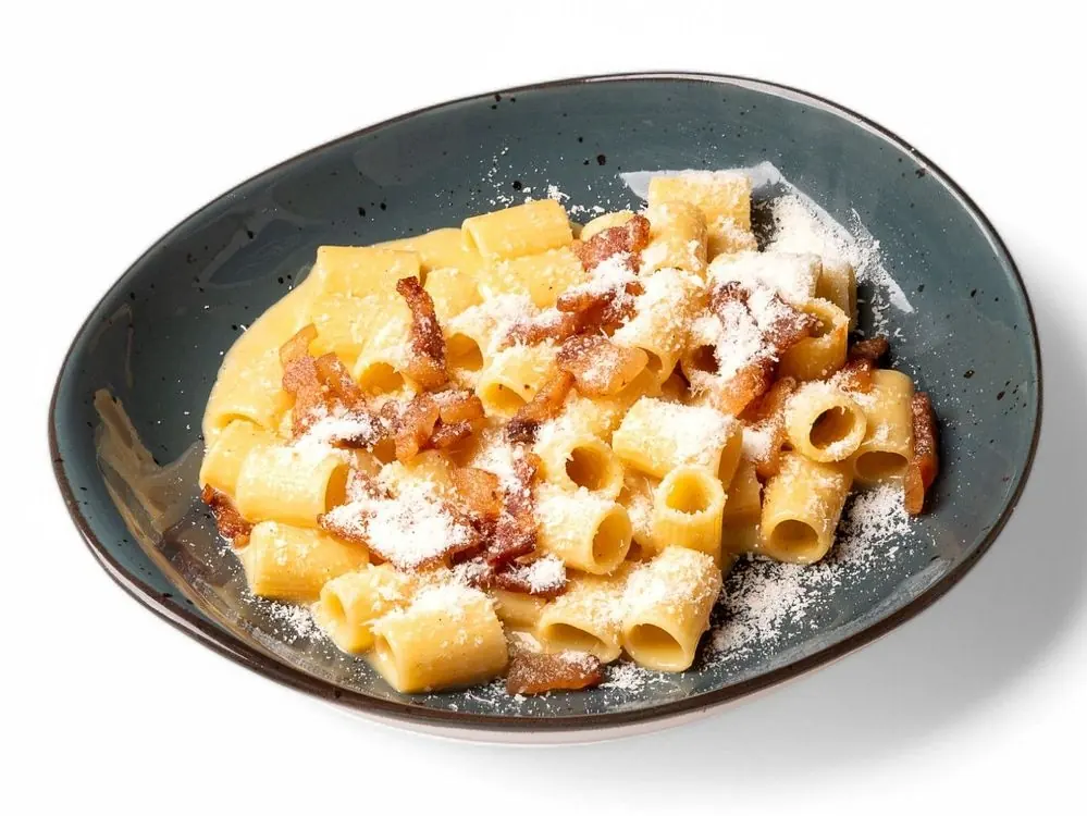 Rigatoni Carbonara z guanciale, żółtkiem i pecorino romano DOP — bez śmietany, jak w Rzymie